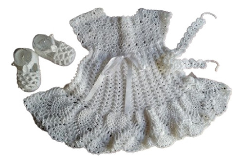 Conjunto Vestido, Sandalias Y Vincha Blanco 1 - 3 Meses