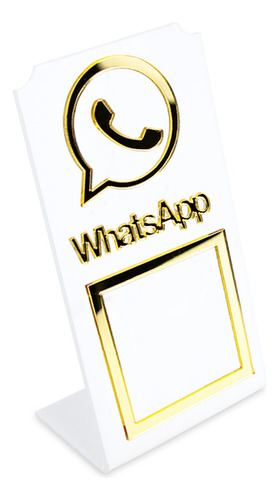 Placa Whatsapp Qr Code Display Acrílico Loja Balcão Branco Cor Branco e Dourado