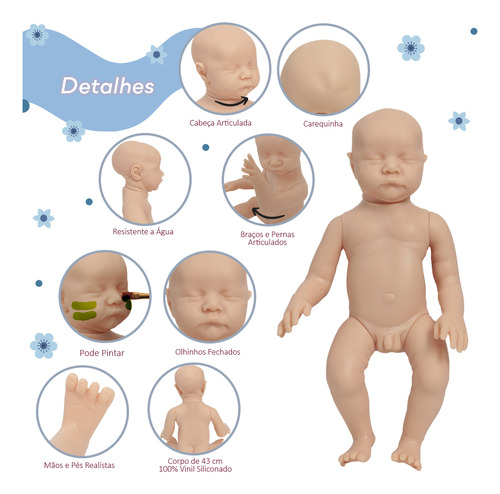 Kit 3 Boneco Bebê Reborn Molde Levi 43cm Olho Fechado