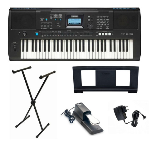 Kit Teclado Yamaha Psr-e473 Preto 61 Teclas + Pedal Stand