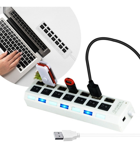 Hub Usb 2.0 Led 7 Puertos Switch Laptop Compu Pc Memorias Color Blanco