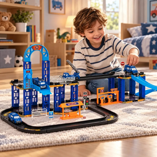 Pista De Carrinhos Policial Brinquedo Infantil Corrida Azul