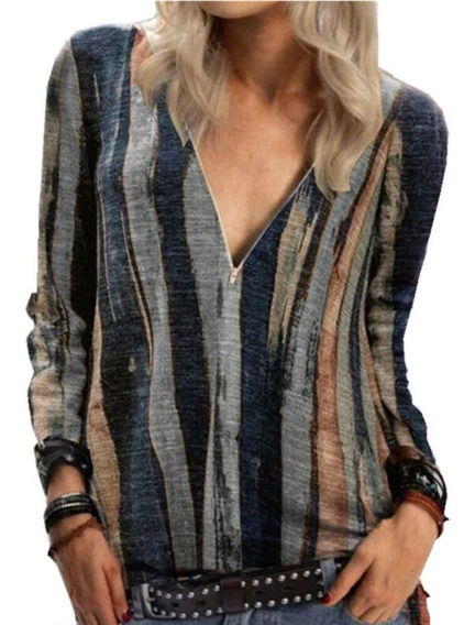 Camiseta De Rayas Oversize Para Mujer Con Cuello En V Y Bloq Camiseta De Rayas Oversize Para Mujer Con Cuello En V Y Bloq