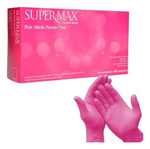 Luva Nitrílica Rosa Pink Média Sem Pó Caixa Com 100 Supermax