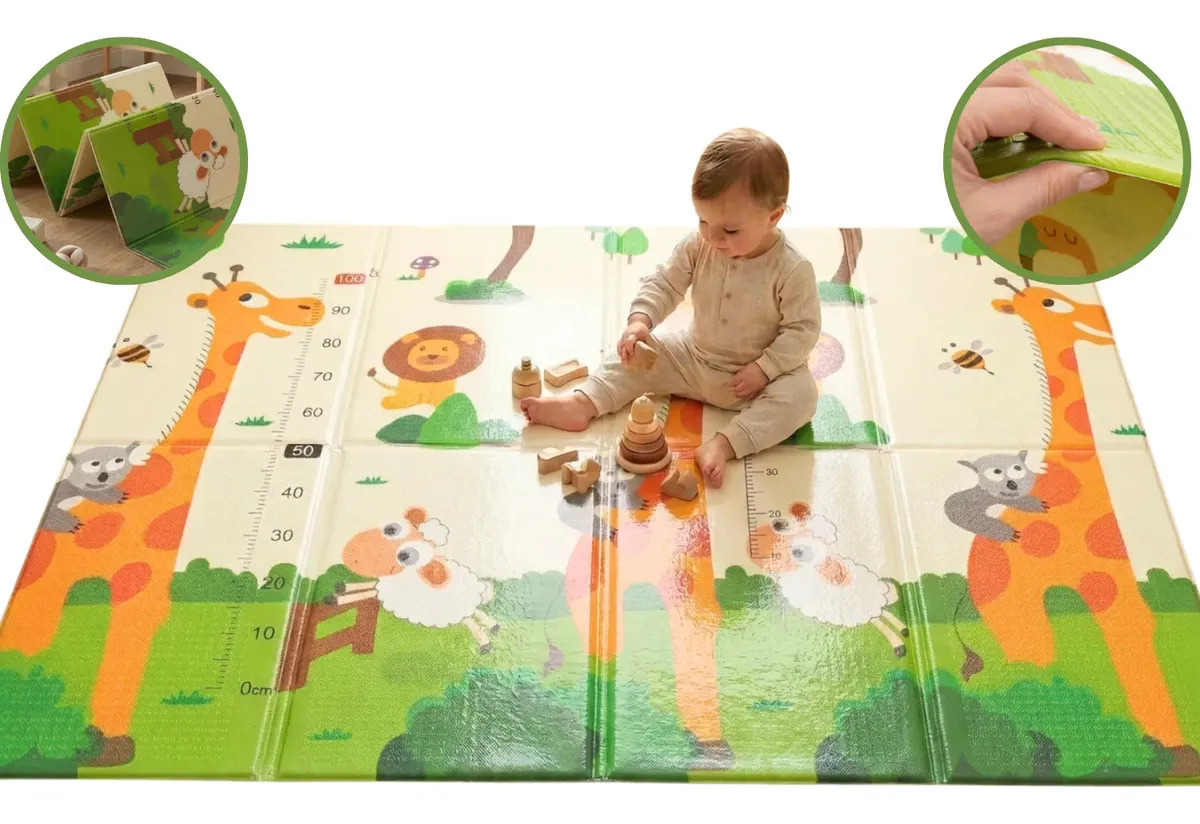 Tapete Infantil Tatame Dupla Face Emborrachado 150x200cm Savana Animais Dobrável Antiderrapante EVA Bebê Branco Kapazi