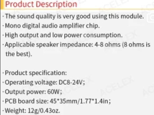 Imagen 5 de 5 de Amplificador Mono Clase D 60w Tpa3118 - 8 A 24v