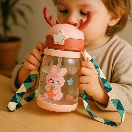Garrafa De Água Com Canudinho Fofa Infantil Bebe Criança Rosa