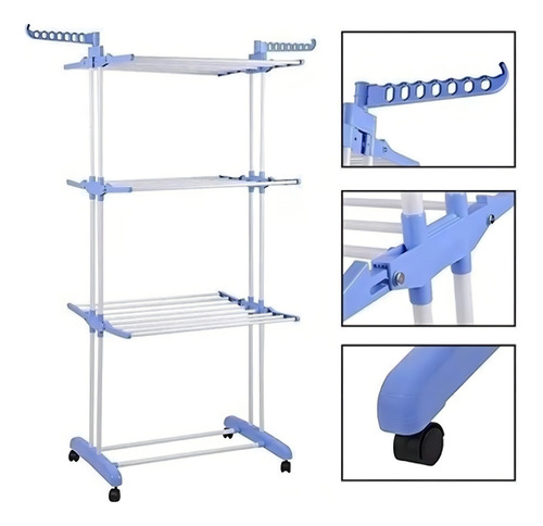 Varal Chão Pra Roupa Inox 3 Três Andares Retrátil Cor Azul