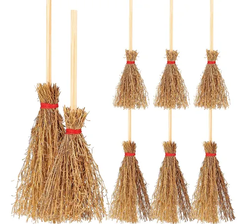 10 Mini Escobas De Bruja Para Halloween – Decoración De Casa De Muñecas Y Manualidades – 4 X 9,5 Cm Y 5 X 14 Cm – De Bambú Y Madera