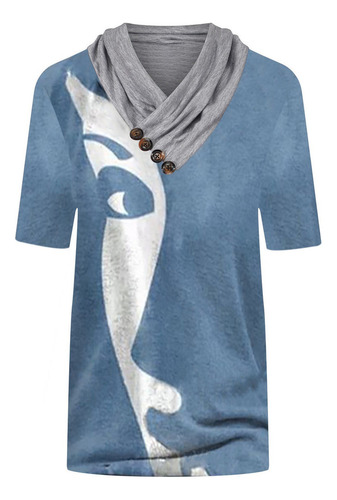 Mujer Tops Estampados Con Cuello En V Y Botones De Manga Cor
