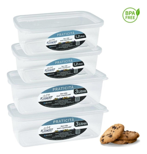 Kit 4 Potes Transparente 1,2 L E 3,0 L Presidio Retangular