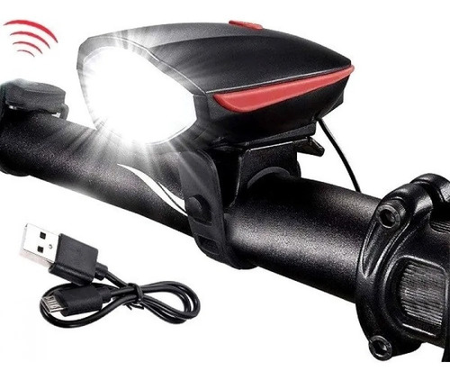 Lanterna Buzina Prova D' Água Farol Bike Potente Recarrega Cor Preto e Vermelho