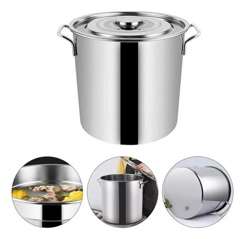 Olla Fondo De Acero Inoxidable De 35litros Con Tapa Plateado