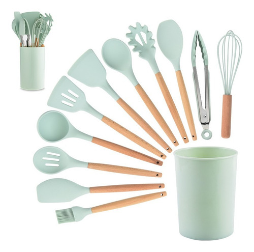 Utensilios Cocina Set 12 Madera Silicona Resistente Al Calor