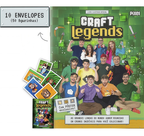 Kit Álbum Oficial Craft Legends + 10 Envelopes De Figurinhas (50 Cromos) Minecraft | Editora Pixel