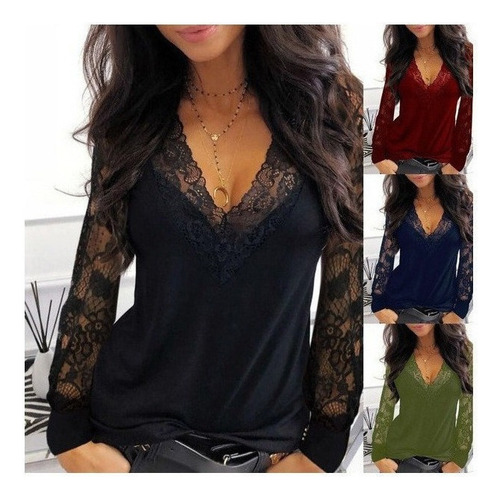 Mujeres Cuello V Profundo Encaje Manga Larga Camiseta