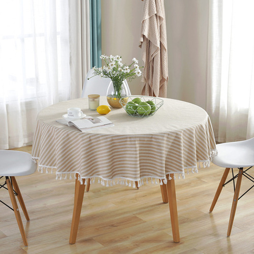 Mantel Redondo A Rayas Con Borla, Mantel De Comedor