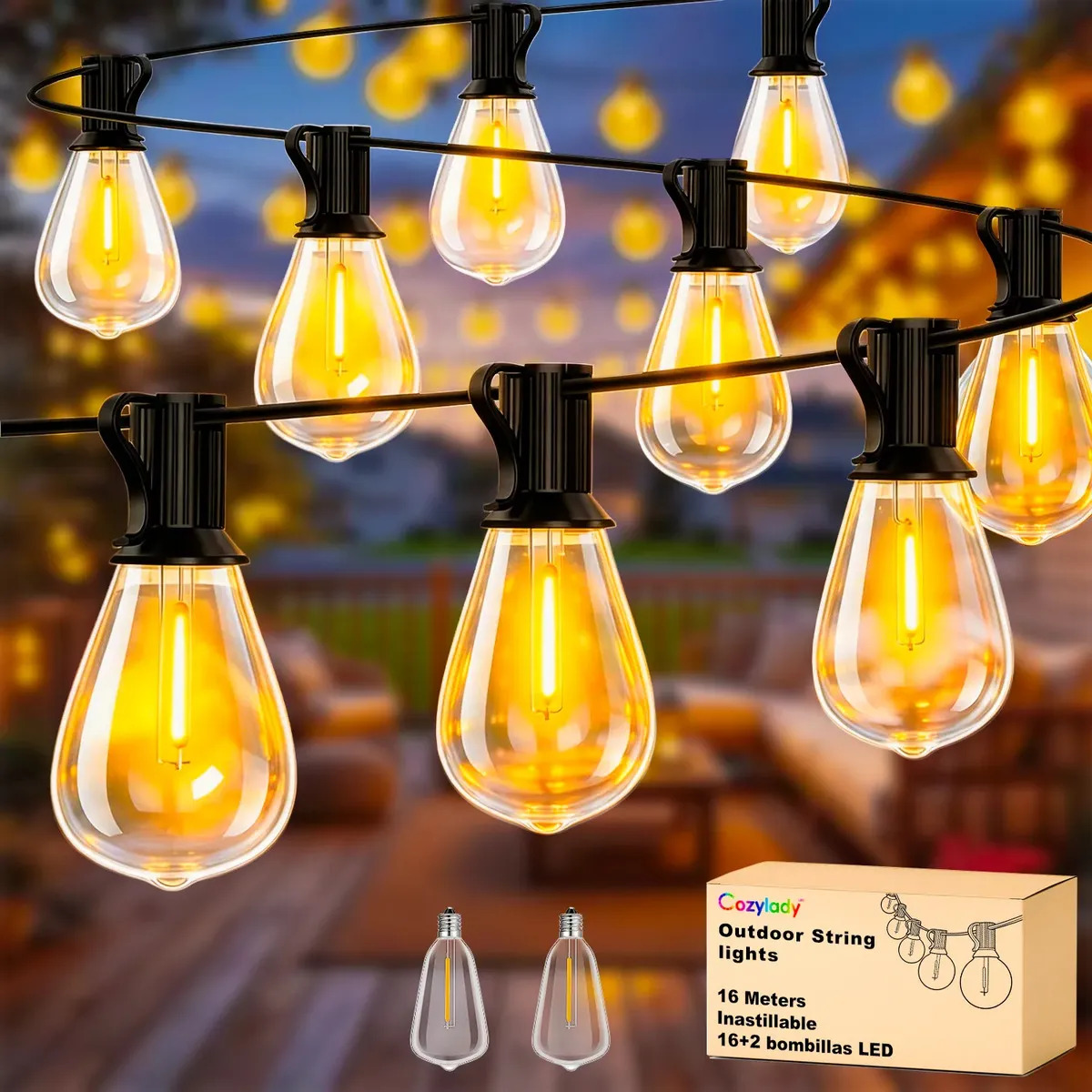 Cozylady Guirnalda De Luces LED Exterior, 16 m 16+2 Focos LED St38 Inastillables Alto Brillo Impermeable IP45, Serie Luz Vintage Decorativas