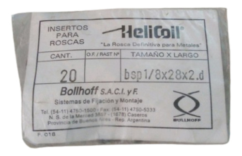 Insertos Helicoil Bsp 1/8 X 28 X 2 D