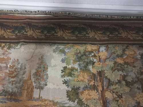 Gobelino Frances Autentico 1.37 X 70 Cm Incl Banda Marco Verde Claro Escena Cacería