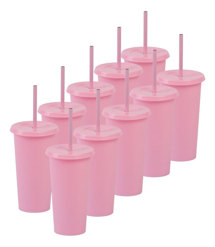 10 Vasos Reusables Tipo Star 20 Oz Con Tapa Plana Color Rosa Pastel