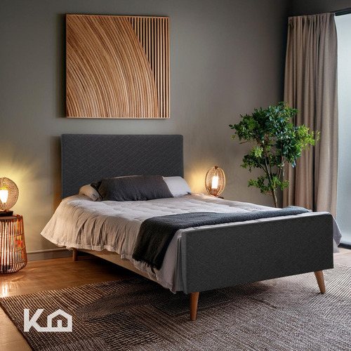 Base Para Cama Individual y Cabecera Con Tapizado Estructura Metal Madera Box Gris KingsHouse