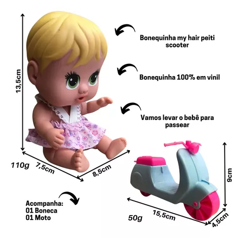 Boneca C/ Motoca Infantil Bebe Baby Petit Scooter Macia Milk