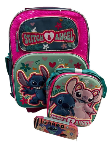 Mochila Stitch Y Angel De Disney Con Lonchera Y Lapicera Color Rosa