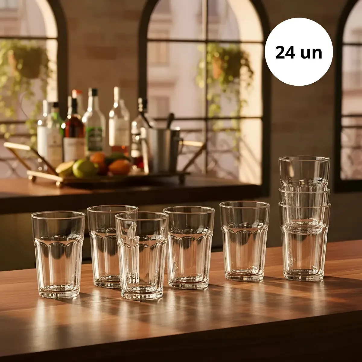 Conjunto 24 Copos Vidro Resistente 360ml Grosso Luxo Moderno Transparente