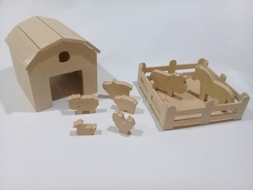 Kit Granja Corral Granero Animales Madera Mdf Jueguete