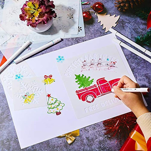 FOGAWA 16 Pcs Navidad Plantillas Dibujo Niños Stencil Plantillas Plástico Pintura Plantillas para Manualidades Scrapbooking Diario Pintura Navidad Decoración