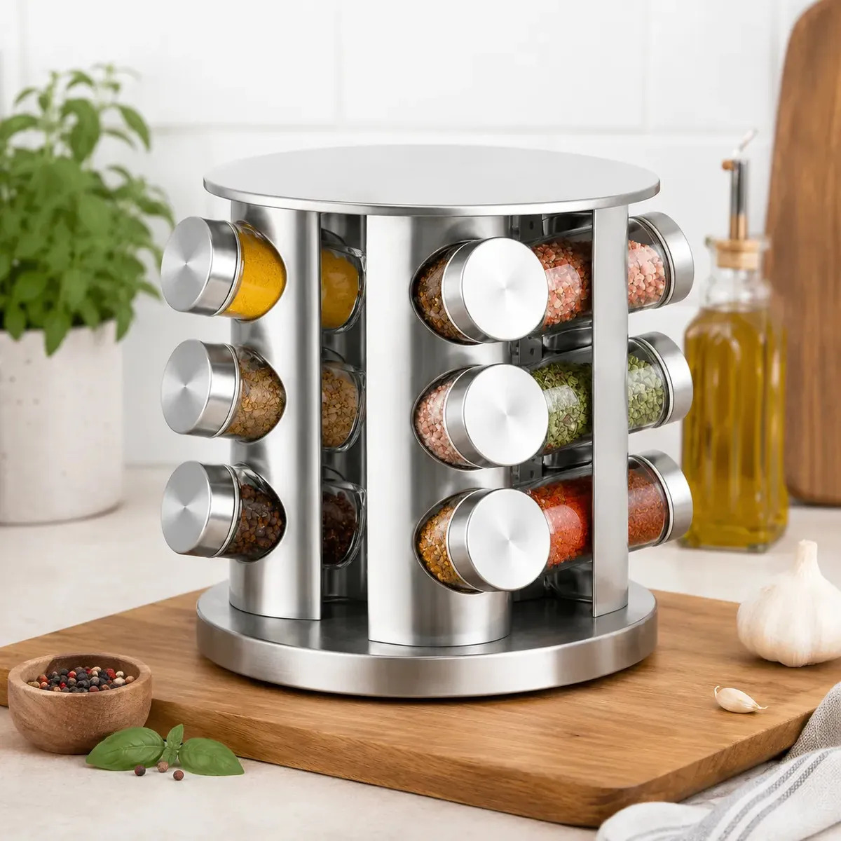 Porta Temperos Giratório 360° 12 Potes Vidro 85ml Inox Organizador De Condimentos Especiarias Suporte Rotativo Tempereiro Bancada Cozinha Armário Mesa Gourmet