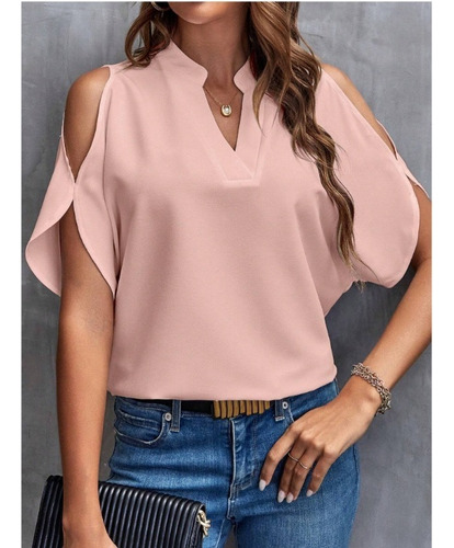 Camisa De Verano Con Cuello En V Liso Y Hombros Descubiertos