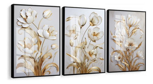 Quadros Decorativos Flores Brancas Dourada Com Moldura Vidro