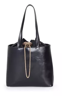 Bolsa Tote Para Mujer Cloe Mediana Look Glossy Jareta Color Negro