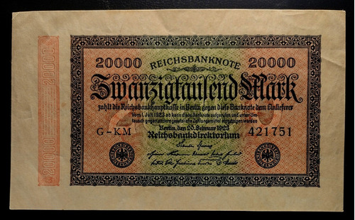 Alemania Billete 20 Mil Marcos 1923 Exc Pick 85b Estrellas