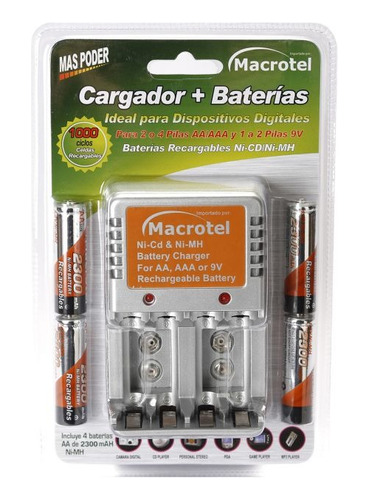 Cargador Pilas Macrotel + 4 Pilas Aa