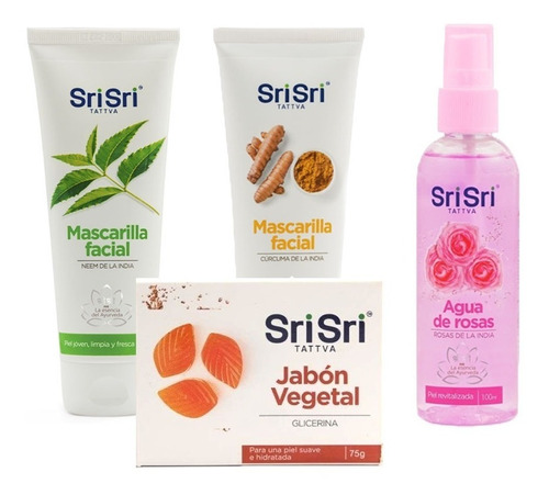 Kit Cuidado Facial - 2 Mascaras Agua De Rosas Jabon Sri Sri