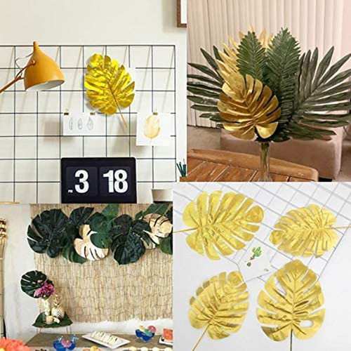 24 Hojas Artificiales, Hojas De Palma Doradas, Plantas Tropi