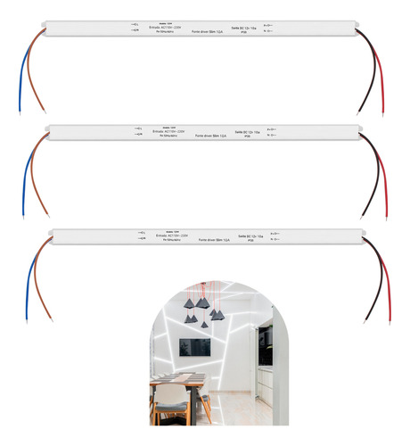 Kit 3 Fonte Slim Driver Para Perfil Fita De Led 12v 10a 120w
