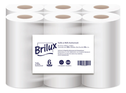 Papel Toalla Brilux Secante 7'' 6 Rollos 100 Mt