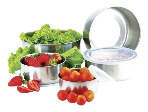 Conjunto De Potes Para Alimentos Inox Com Tampa Jogo 5 Peças