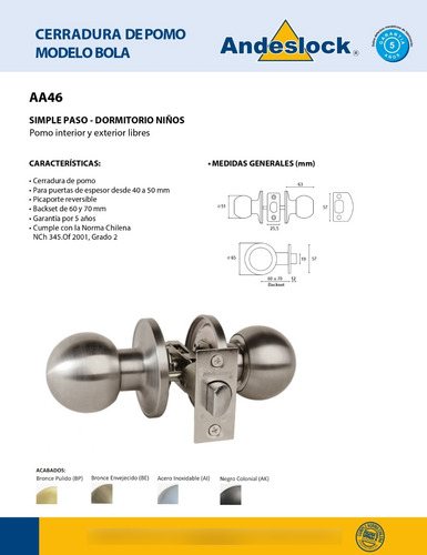 Cerradura Pomo Simple Paso Dormitorio Niños Aa46 Andeslock
