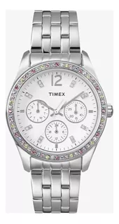 Reloj Timex Plateado Con Cristales Swarovski (t2p386)