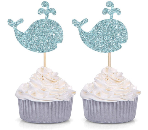  Blue Glitter Whale Cupcake Toppers Baby Shower Birthda...