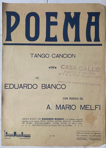 Antigua Partitura De Tango, E. Blanco, A. M. Melfi, Poema Mv
