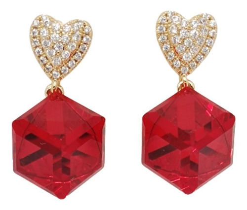 Aretes Largos Corazón Swarovski Elements Broquel Cubo Rojo