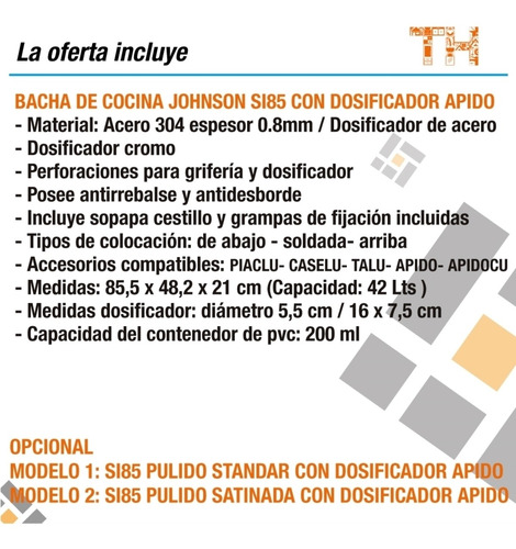 Pileta Bacha Johnson Acero Luxor Si85a Sta Dosificador Promo
