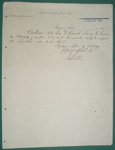 Nota Recibo Telegramas Savelkoul & Cia Buenos Aires 1899