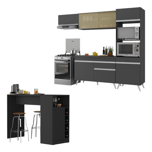 Cozinha Modulada/bancada Americana Veneza Multimóveis Mp2208 Cor Preto/branco